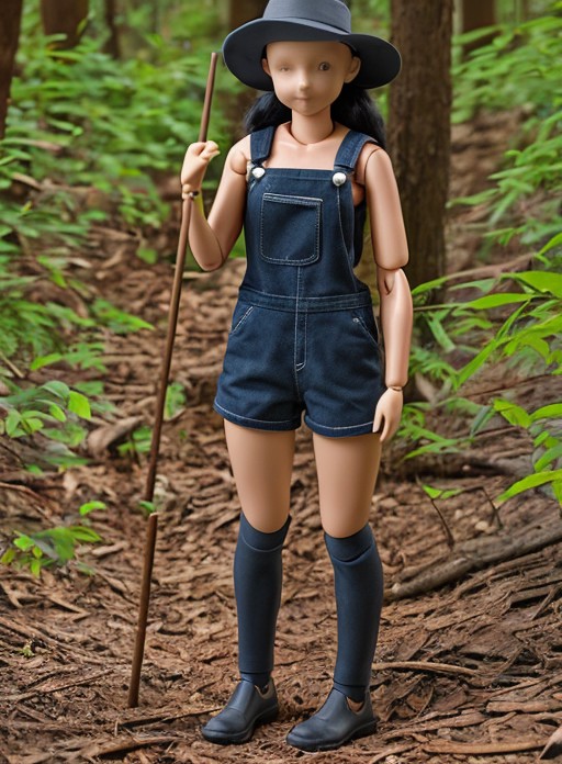 doll_joints, woman (facing viewer) wearing overalls and hat, <lora:Doll_Joints:0.9> in woods